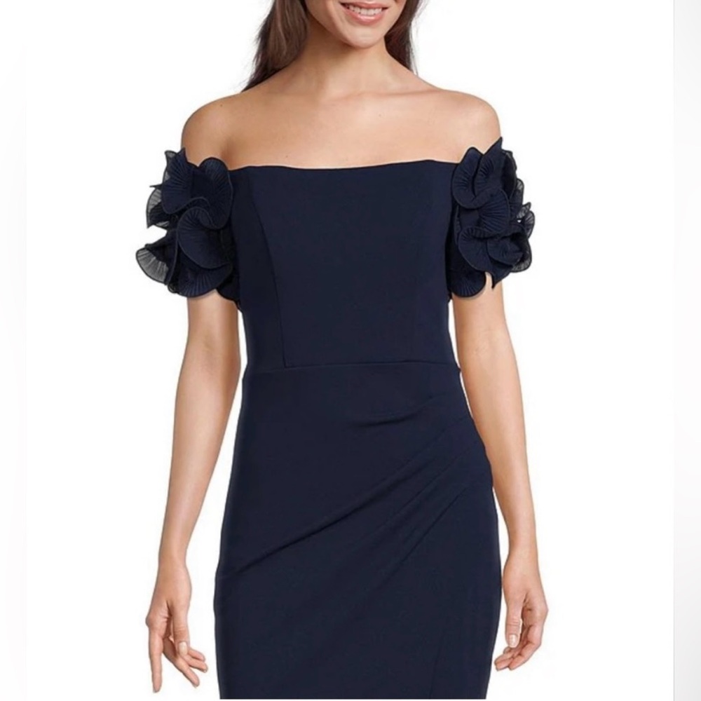 Xscape Navy Blue Rosette Off-the-Shoulder Short Sleeve Ruffle Ruched Wai…